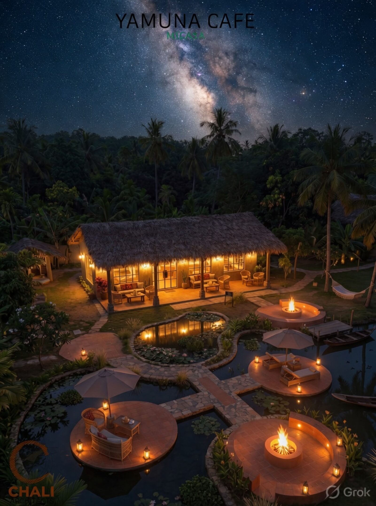 Lanterns and firelight under the night sky