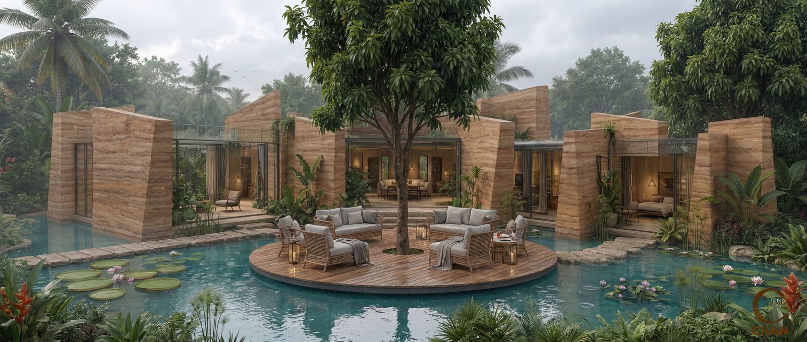 Lotus ponds wrapped by rammed-earth courtyards